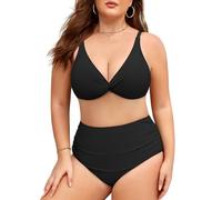Vijamiy Bikini Damen Set Große Größen V Ausschnitt Push Up Zweiteiliger Badeanzug High Waist Bauchweg Bikini Große Oberweite Frauen Plus Size Swimsuit(Schwarz,4XL)