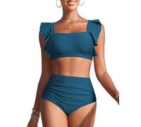 Vijamiy Bikini Damen Set Hoher Taille Bauchweg Zweiteiliger Badeanzug Quadratischer Ausschnitt Push Up Bikinis Mode Wellenschliff Pool-Strand Bademode(Pfauengrün,M)