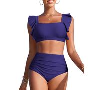 Vijamiy Bikini Damen Set Hoher Taille Bauchweg Zweiteiliger Badeanzug Quadratischer Ausschnitt Push Up Bikinis Mode Wellenschliff Pool-Strand Bademode(Marineblau,XXL)