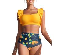 Vijamiy Bikini Damen Set Hoher Taille Bauchweg Zweiteiliger Badeanzug Quadratischer Ausschnitt Push Up Bikinis Mode Wellenschliff Pool-Strand Bademode(Gelber Aufdruck,S)