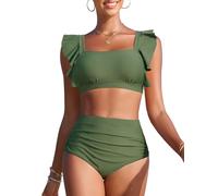 Vijamiy Bikini Damen Set Hoher Taille Bauchweg Zweiteiliger Badeanzug Quadratischer Ausschnitt Push Up Bikinis Mode Wellenschliff Pool-Strand Bademode(Armeegrün,S)