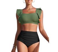 Vijamiy Bikini Damen Set Hoher Taille Bauchweg Zweiteiliger Badeanzug Quadratischer Ausschnitt Push Up Bikinis Mode Wellenschliff Pool-Strand Bademode(Armeegrün mit Schwarz,M)