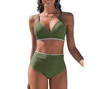 Vijamiy Bikini Damen Set V Ausschnitt Zweiteiliger Push Up Bikinis High Waist Bademode Sexy Swimwear mit Weißer Spitze(Grün,M)