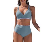 Vijamiy Bikini Damen Set V Ausschnitt Zweiteiliger Push Up Bikinis High Waist Bademode Sexy Swimwear mit Weißer Spitze(Grau blau,M)