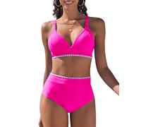 Vijamiy Bikini Damen Set V Ausschnitt Zweiteiliger Push Up Bikinis High Waist Bademode Sexy Swimwear mit Weißer Spitze(Rosa,XL)