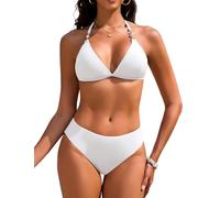 Vijamiy Triangel Bikini Damen Set Sexy Push Up Zweiteiliger Bademode String Bikinis für Damen Neckholder Swimsuit Träger Oberteil mit Riemen Perlen(Weiß,XL)