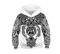 Viking Hoodie Für Kinder, Unisex Nordic Mythology Für Kinder Odin Tattoo 3D-Druck Pullover Sweatshirt, Harajuku Street Hip Hop Jacke, Jungen und Mädchen,Fenrir,L