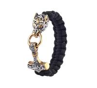 Viking Mjolnir Paracord Armband Für Männer - Nordischer Wolfskopf Thor's Hammer Anhänger Geflochtenes Seil Armband - Handgemachter Edelstahl Odin Wolf Keltischer Heidnischer Schmuck(Gold_21CM)