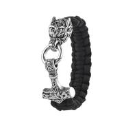 Viking Mjolnir Paracord Armband Für Männer - Nordischer Wolfskopf Thor's Hammer Anhänger Geflochtenes Seil Armband - Handgemachter Edelstahl Odin Wolf Keltischer Heidnischer Schmuck(Silver_23CM)