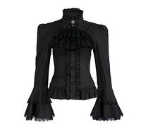 Viktorianische Bluse Damen Gothic Pirat Shirt Vintage Langarm Lotus Rüschen Tops, 010 Schwarz, XX-Large
