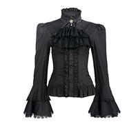 Viktorianische Bluse für Damen, Gothic-Lolita-Hemd, Vintage-Stil, langärmelig, Lotus-Rüschen-Oberteil, Schwarz, Groß