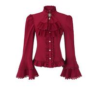 Viktorianische Bluse für Damen, Gothic-Lolita-Hemd, Vintage-Stil, langärmelig, Lotus-Rüschen-Oberteil, Rot/Ausflug, einfarbig (Getaway Solids), Mittel