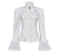 Viktorianische Bluse für Damen, Gothic-Lolita-Shirt, Vintage-Langarm, Lotus-Rüschen, Weiß, Groß