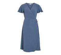 Wickelkleid VILA "VILOVIE S/S WRAP MIDI DRESS - NOOS", Damen, Gr. 36, N-Gr, blau (vintage indigo), Web, Obermaterial: 100% Polyester, unifarben, modisch, regular fit kniefrei, V-Ausschnitt, Kurzarm, K