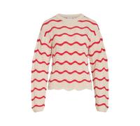 Strickpullover VILA "VIWAVE O-NECK LS POINTELLE KNIT TOP-NOOS", Damen, Gr. L, birch stripes:hibiscus, Strick, Obermaterial: 100% Baumwolle, gestreift, relaxed fit normal, Rundhals, Rippbündchen, Pullo