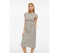 Vila Damen Midi Kleid gestreiftes Jerseykleid Sommer wadenlang mit seitlicher Schnürung VIPompia O-Neck 14106549 Birch Black Beauty S