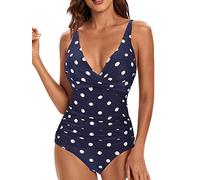 VILOREE Damen Monokini Bauchweg Schlankheits Badeanzug Plus Size Badebekleidung Bauchweg für Mollige Blau mit Weisse Punkte XXL