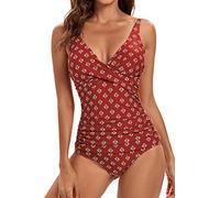 VILOREE Damen Monokini Bauchweg Schlankheits Badeanzug Plus Size Badebekleidung Bauchweg für Mollige Rot mit blätter Druck XXL