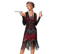 VILOREE Retro 1920er Damen Flapper Kleider voller Pailletten V-Ausschnitt Great Gatsby Motto Party Rot 2XL
