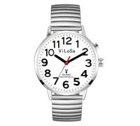ViLoSa Englisch sprechende Uhr spricht die Zeit, das Datum oder die Weckzeit für ältere Menschen, Sehbehinderte oder Blinden. Weißes Zifferblatt, schwarze Zahlen mit Edelstahlarmband