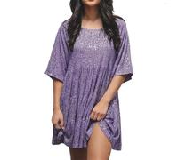 Vimlo Damen-Minikleid mit Glitzer, glitzernden Pailletten, Halbarm, hohe Taille, Kurze Kleider, abgestuftes Babydoll-Kleid, Party, Clubwear (Color : Purple, Size : L)