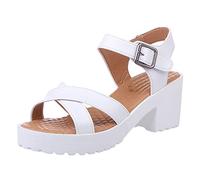 Vimoli Damen Rund Offene Zehe Plateau Sandalen mit Absatz Chunky Heels Atmungsaktive Schnürschuhe Lässige Sandalen(B Weiß,39)