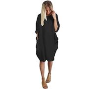 Vimoli Kleider Damen Einfarbig Rundhals Langarm Tunika Kleid Große Größe Oversize Pulloverkleid Blusenkleid Lässig Locker Sweatshirt Freizeitkleid Baggy Knielang Shirtkleid mit Taschen(A Schwarz,6XL)