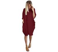 Vimoli Kleider Damen Einfarbig Rundhals Langarm Tunika Kleid Große Größe Oversize Pulloverkleid Blusenkleid Lässig Locker Sweatshirt Freizeitkleid Baggy Knielang Shirtkleid mit Taschen(A Wein,M)