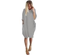 Vimoli Kleider Damen Einfarbig Rundhals Langarm Tunika Kleid Große Größe Oversize Pulloverkleid Blusenkleid Lässig Locker Sweatshirt Freizeitkleid Baggy Knielang Shirtkleid mit Taschen(A Grau,S)