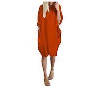 Vimoli Kleider Damen Einfarbig Rundhals Langarm Tunika Kleid Große Größe Oversize Pulloverkleid Blusenkleid Lässig Locker Sweatshirt Freizeitkleid Baggy Knielang Shirtkleid mit Taschen(G Orange,L)