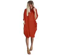 Vimoli Kleider Damen Einfarbig Rundhals Langarm Tunika Kleid Große Größe Oversize Pulloverkleid Blusenkleid Lässig Locker Sweatshirt Freizeitkleid Baggy Knielang Shirtkleid mit Taschen(A Orange,XL)