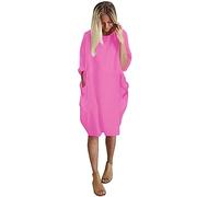 Vimoli Kleider Damen Einfarbig Rundhals Langarm Tunika Kleid Große Größe Oversize Pulloverkleid Blusenkleid Lässig Locker Sweatshirt Freizeitkleid Baggy Knielang Shirtkleid mit Taschen(B Rosa,M)