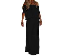 Vimoli Sommerkleider Damen Einfarbig Schulterfrei Maxikleid Kurzarm Böhmisch Strandkleid Lässig Locker Lang Freizeitkleid Elegant Plissee A-Linie Partykleid Abendkleider(Noir,XL)
