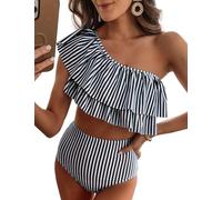VIMPUNEC Rüschen One Shoulder Badeanzüge für Frauen Niedliche hohe Taille Zweiteilige Badeanzüge, schwarze Streifen, X-Large