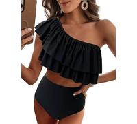 VIMPUNEC Rüschen One Shoulder Badeanzüge für Frauen Niedliche hohe Taille Zweiteilige Badeanzüge, solide, schwarz, Large