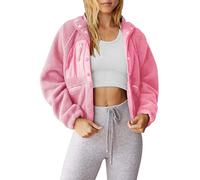 Vimyig Leichte verkürzte flauschige Fleece-Jacke für Damen, Winter, warme Sherpa-Jacken, Mantel, Oberbekleidung mit Taschen, rose, L