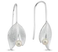 Vinani Ohrhänger 2 Blätter mit Süßwasserzuchtperle elegant gebürstet Sterling Silber 925 Natur Perle Ohrringe 2OHL