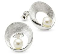 Vinani Ohrstecker Perle im gebürsteten Kreis aus 925 Sterling Silber - Damen Ohrringe mit Perle elegant modern, Silber Ohrschmuck, Designed in Deutschland, OGP