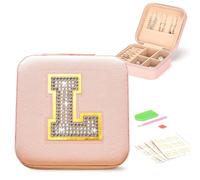 VINATO Personalisierbares Schmuckkästchen mit Diamant-Buchstaben DIY Set, Klein Reise Schmuckschatulle aus PU-Leder mit Samtfutter, Rosa