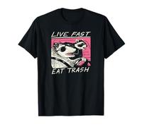 Vincent Trinidad Art - Live Fast! Eat Trash! Unisex T-Shirt Schwarz S Retro Wave 80 Design Waschbär & Opossum Tiermotiv Klassische Passform Crew-Ausschnitt Halbarm Pull-On 1 Count