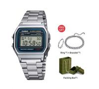 Vintage A158W Schwarzes digitales Ziffernblatt, Armband aus Edelstahl, Geschenkbox/Geschenk enthält einen Ring und ein Armband