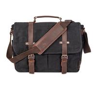 Vintage Aktentasche aus echtem Leder, gewachstes Leinen, große Umhängetasche, robuste Laptoptasche für Computer mit 39,6 cm (15,6 Zoll), Schwarz 3, X-Large