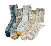 Vintage Baumwollsocken, 5 Paar Damen Embossed Floral Stickerei Socken
