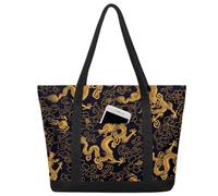 Vintage Chinesische Drache Handtasche für Damen Frauen Mädchen Drache Große Schulter Tote Canvas Taschen 22L Große Kapazität Reißverschluss Shopper Tasche für Schule Reisen Arbeit, farbig, big