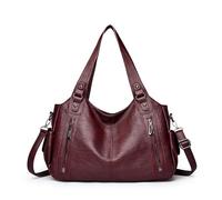Vintage City Bag, Soft PU Leather Zip Tote Bags for Women, Large Shoulder Bags Multi Pockets, Fashion Hobo Purse Handbag Satchel, Crossbody for School Work Leisure (Wine Red)