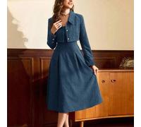 Vintage Damen Retro Elegant 2-teiliges Set Cord Quadratischer Kragen A-Linie Kleid Langarm Kurze Jacke mit Perlknöpfen Herbst Winter Damen Kleidung Da