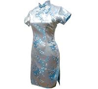 Vintage Drache und Phönix Kurz Qipao Elegant Frauen Cheongsam Mandarinenkragen Sexy Mini Chinesisches Kleid Oversize Hellblau XXXL, hellblau, 3XL