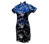 Vintage Drache und Phoenix Kurz Qipao Elegant Frauen Cheongsam Mandarinenkragen Sexy Mini Chinesisches Kleid Oversize Marineblau 2 XL, Marineblau 2, XL