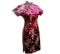 Vintage Drache und Phoenix Kurz Qipao Elegant Frauen Cheongsam Mandarinenkragen Sexy Mini Chinesisches Kleid Oversize, Burgund 1, XXL