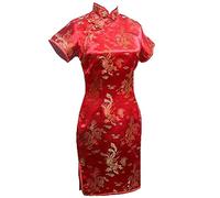 Vintage Drache und Phoenix Kurz Qipao Elegant Frauen Cheongsam Mandarinenkragen Sexy Mini Chinesisches Kleid Oversize Rot 1 XXXL, Rot 1, 3XL